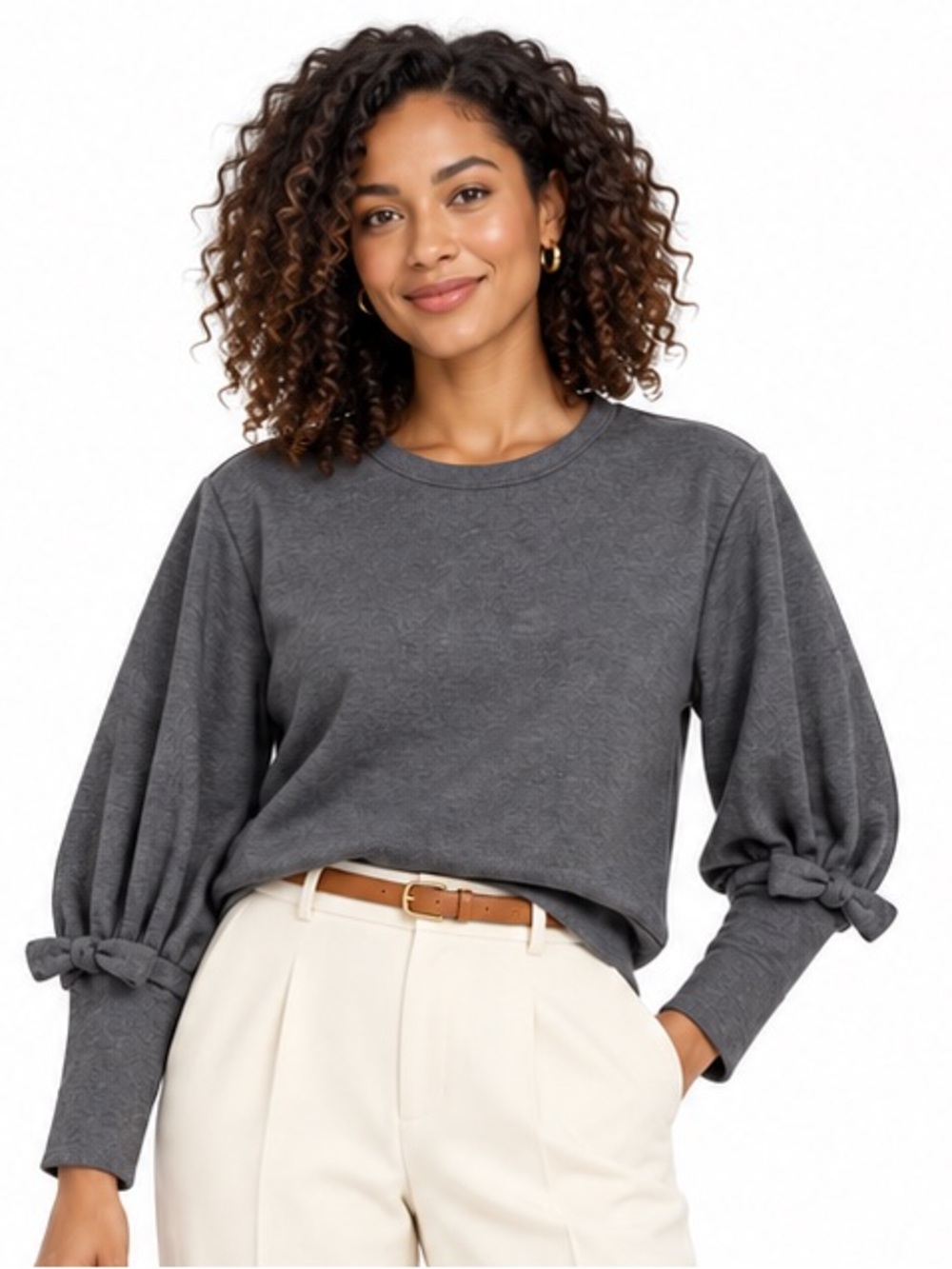 Maeve SZ L Charcoal Puff-Sleeve Sweatshirt w/bow accents/bust 56”-64”